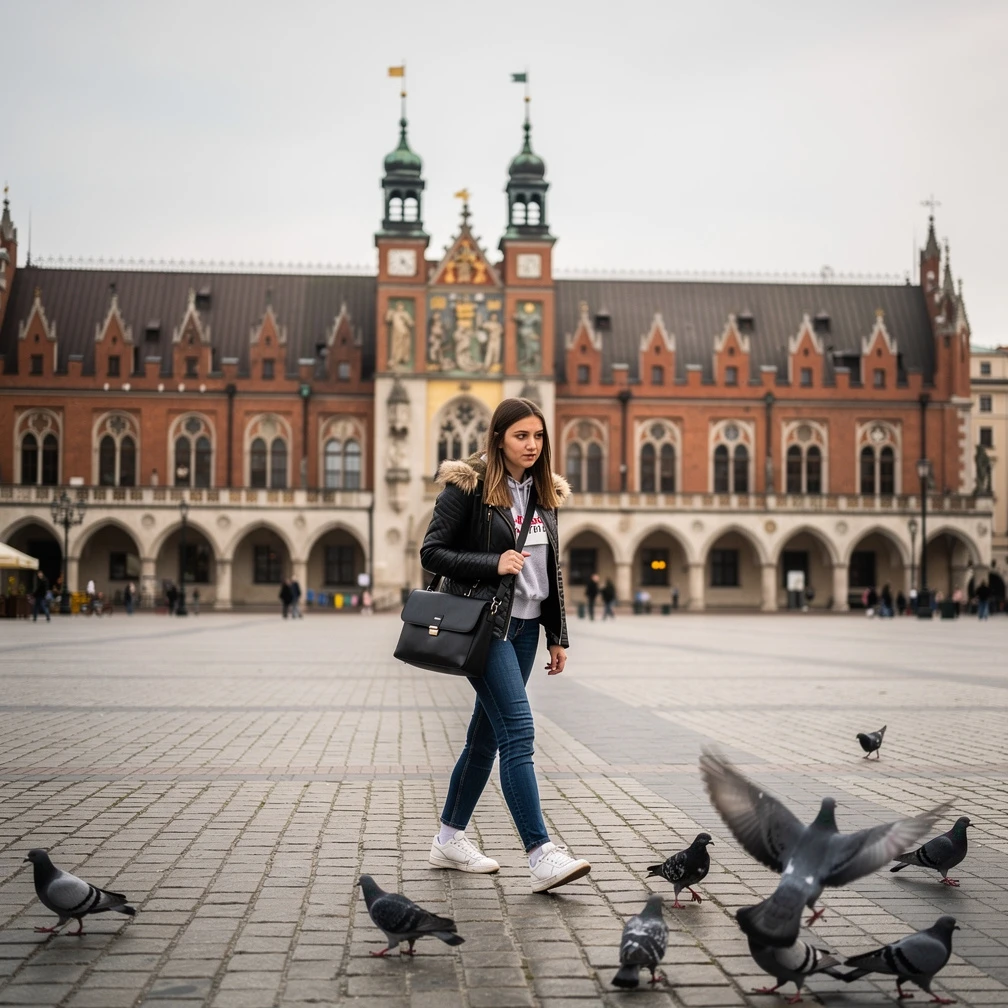 Polska studentka idzie przez Rynek Glowny w Krakowie, stypendium NAWA na praktykę zagraniczną 2026