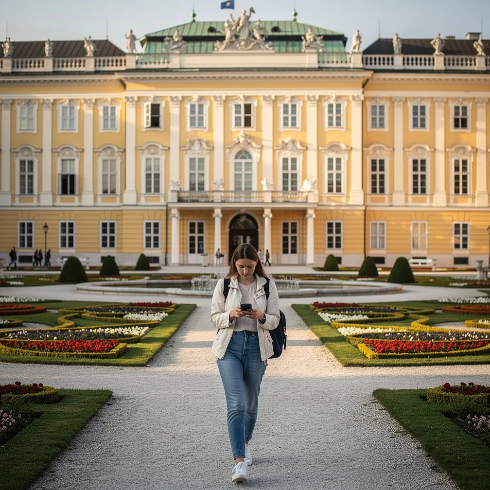 Polska studentka spaceruje w ogrodach pałacu Schönbrunn w Wiedniu podczas stażu